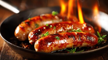 Juicy sausages sizzle in a cast iron skillet, enhanced by vibrant flames, showcasing culinary delights. This image invites a sensory experience of cooking and enjoyment.