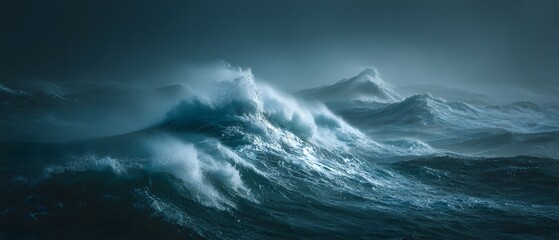 Fototapeta premium Dramatic, cinematic photograph of a powerful ocean storm. Colossal, churning waves crash under a dark, turbulent sky in a moody and epic scene.