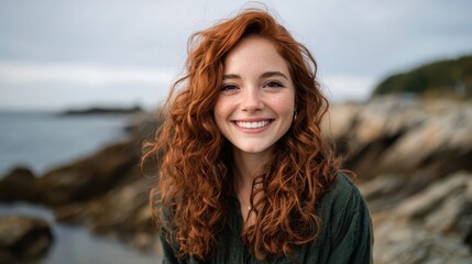 A joyful woman with curly red hair smiles at the camera, set against a rocky beach backdrop. This image radiates warmth and the beauty of natural landscapes.
