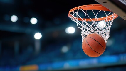 Fototapeta premium Basketball scoring through hoop in professional indoor arena with bright lights