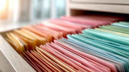 Neatly arranged folders in a variety of colors are displayed in a drawer, reflecting organizational skills and the importance of order in workspaces and daily life.