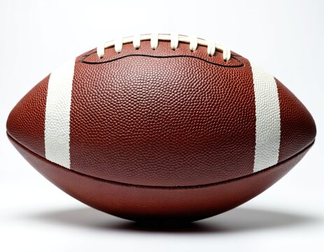American football, rugby ball, team sport equipment isolated on white. Leather balls feature white stripes and laces. Perfect for sports websites, athletic gear promotion, or game day promotions.