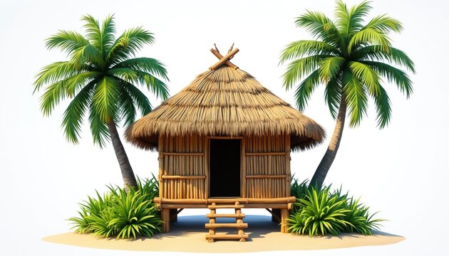 Traditional Filipino Nipa Hut constructed from bamboo, wood, featuring thatched roof, elevated on stilts, set against clean white background. Surrounded by green tropical vegetation, two vibrant palm