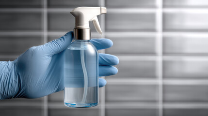 Hand in blue glove holding transparent spray bottle cleaning concept disinfectant hygiene safety tiled background professional sterile