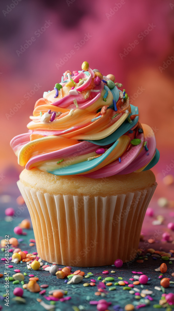 Poster cupcake with colorful swirl frosting is topped with vibrant sprinkles, creating festive and cheerful