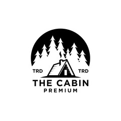 premium wooden cabin and pine forest on the circle vector black logo design
