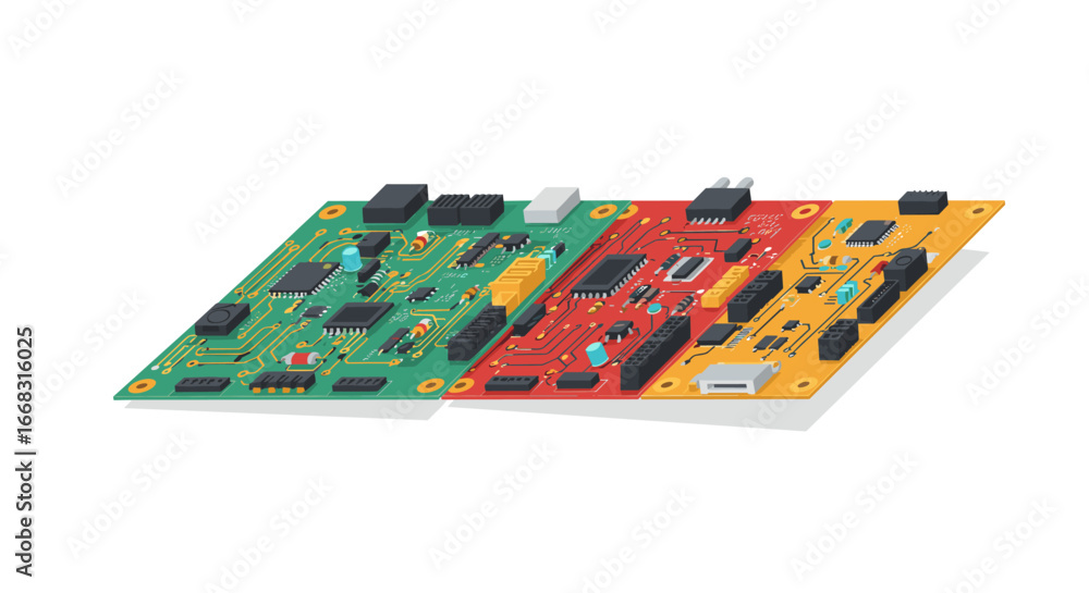 Poster isometric circuit board design with electronic components on colorful background