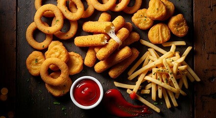Delicious platter of crispy onion rings mozzarella sticks french fries and chicken nuggets with ketchup
