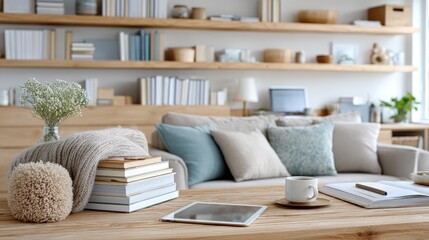 Cozy Living Room Interior with Bookshelves and Tablet