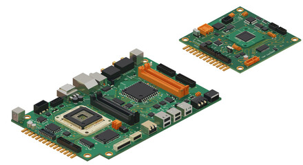 Obraz premium Detailed 3d isometric view of electronic circuit boards with chips and connectors