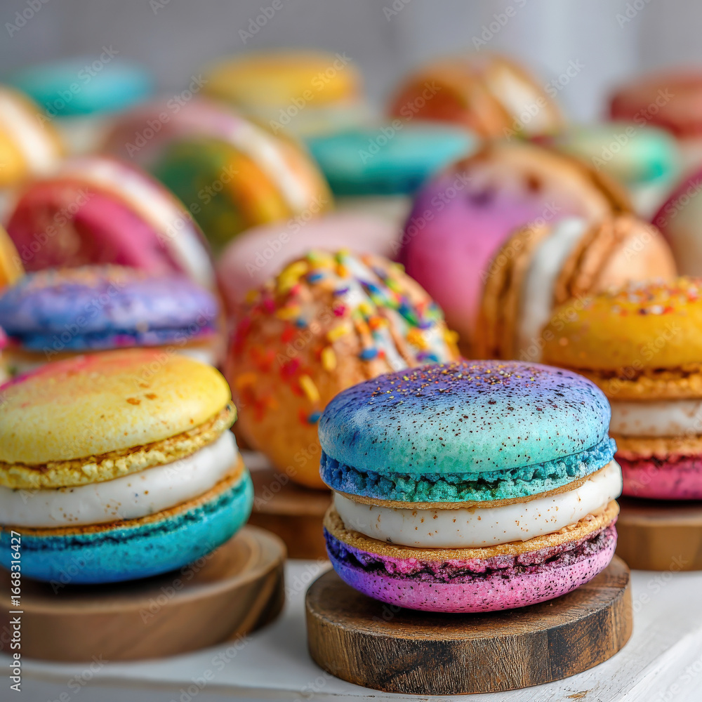 Poster colorful macarons with various flavors and vibrant designs are displayed on wooden stands, creating 