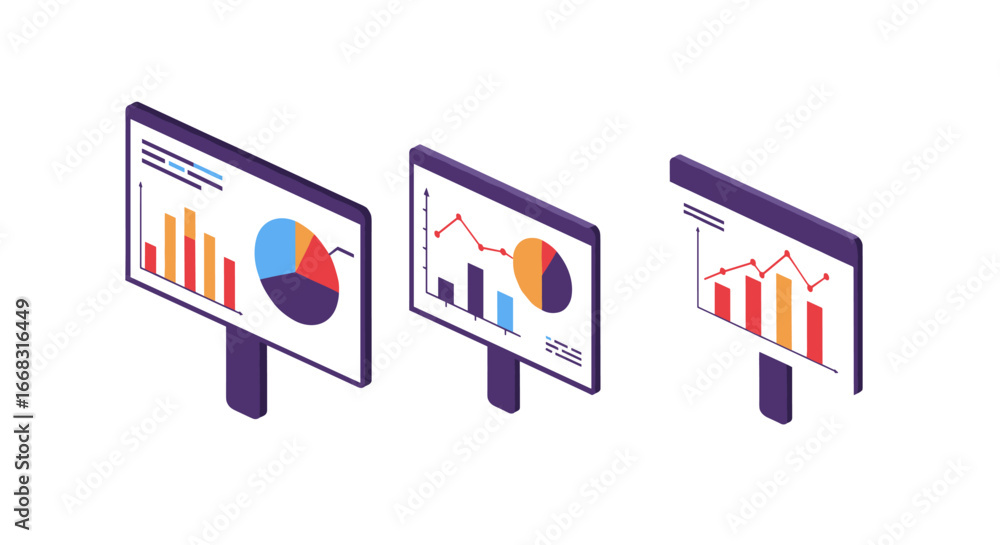 Aufkleber isometric financial data visualization with 3d graphs and charts
