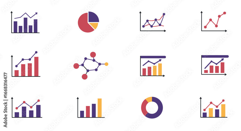 Poster vibrant flat style business charts and graphs set for data analysis