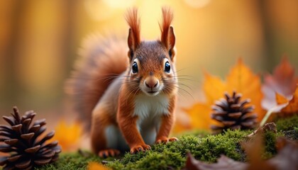 Adorable British red squirrel portrait. Close-up of cute, furry rodent with bushy tail, whiskers on mossy ground surrounded by autumn leaves, pine cones. Focus on animal detail, natural forest