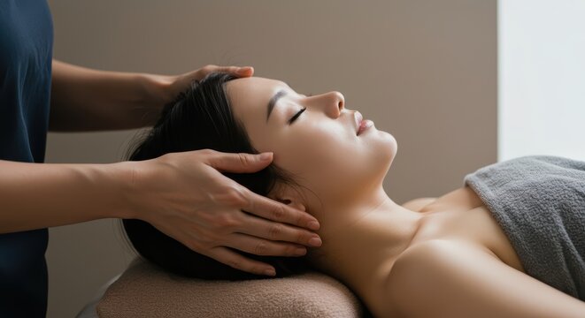 A woman receiving a head massage while lying on an aesthetic bed.