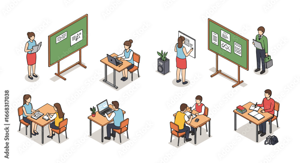 Poster isometric classroom scenes depicting collaborative learning and technology integration