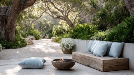 Minimalist Forest Retreat with Fire Pit and Seating Area