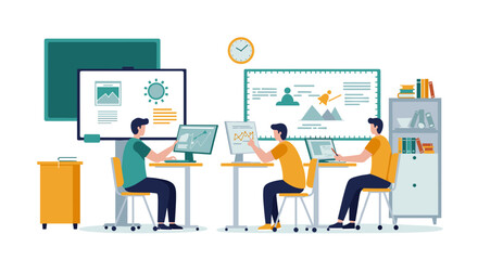 Fototapeta premium Modern office teamwork in a flat design workspace with technology and collaboration