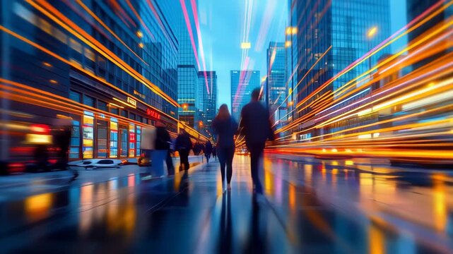 Corporate professionals bustling through illuminated urban streets, creating dynamic light trails and reflections during evening rush hour
