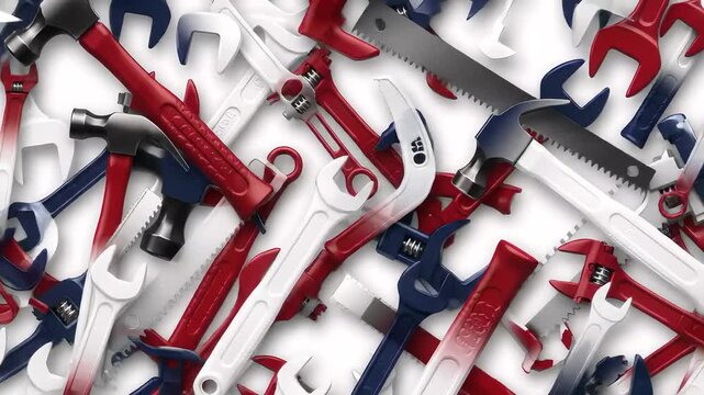 Overhead view of red white and blue painted wrenches hammers and saws scattered on white surface