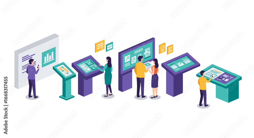 Poster interactive technology interface concept with people in isometric style