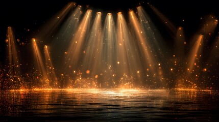 Glamorous, empty stage is illuminated by powerful golden spotlights from above, with shimmering glitter and confetti raining down onto a reflective floor.