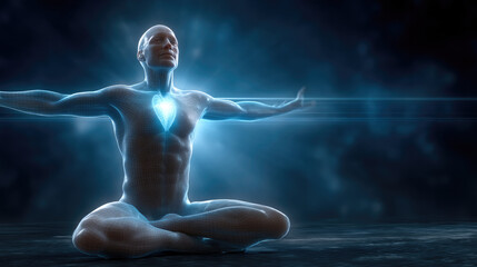 Glowing human figure meditation digital art blue light heart energy serene futuristic yoga enlightenment wellness