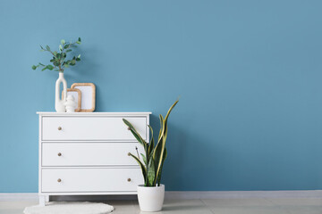 Chest of drawers and houseplant near blue wall in room