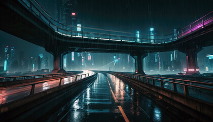 Fototapeta premium Rainy Night Urban Highway with Neon Lights and Cyberpunk Skyscrapers.
