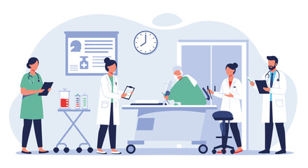 Medical team in a modern hospital setting with diverse professionals collaborating