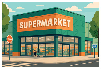 Modern supermarket exterior vector: contemporary grocery store architecture for urban design