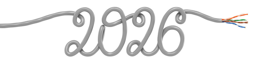 Network Cable Shaped as 2026 Symbolizing Future Connectivity. 3D rendering