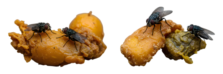 Discarded food waste is infested with flies.