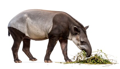 Naklejka premium A profile view of a pangolin, gracefully foraging for vegetation against a plain white background.