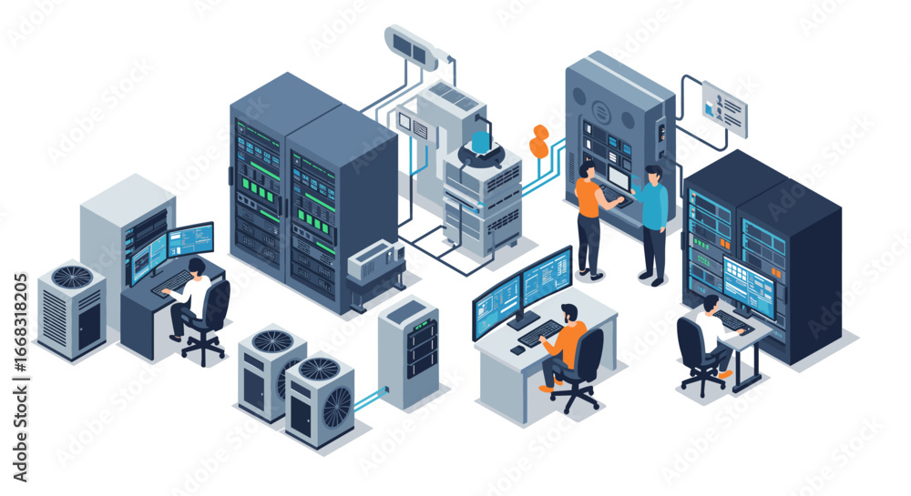 Poster modern data center isometric design with servers and it professionals