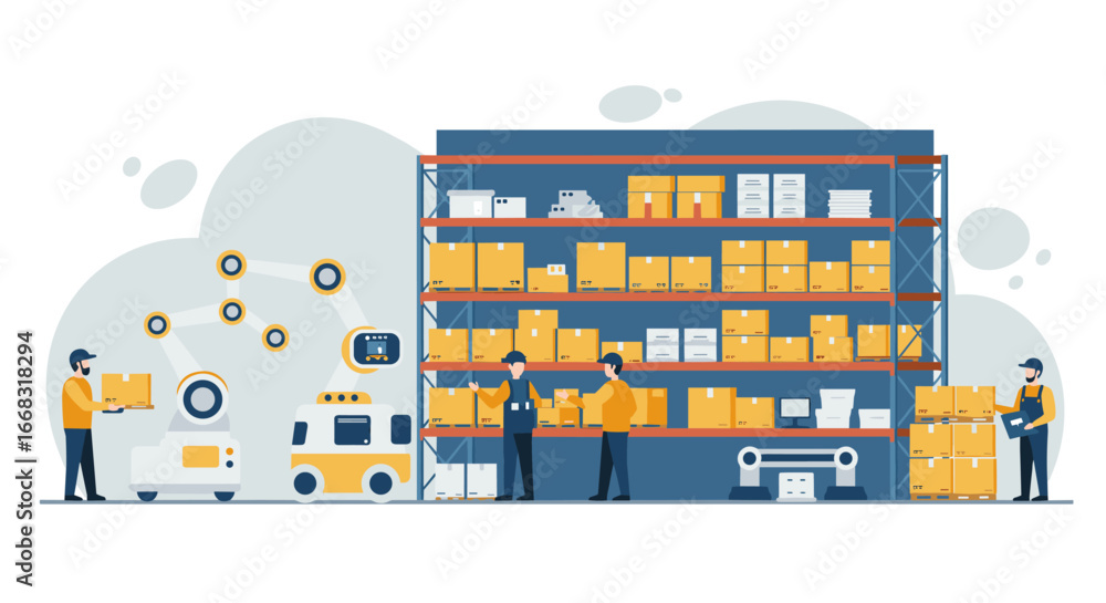 Poster modern warehouse automation with robots and workers in a flat design