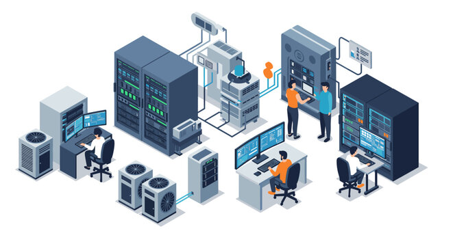 Modern data center isometric design with servers and it professionals