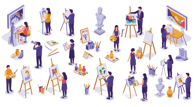 Creative art class with diverse artists painting and sculpting in isometric style