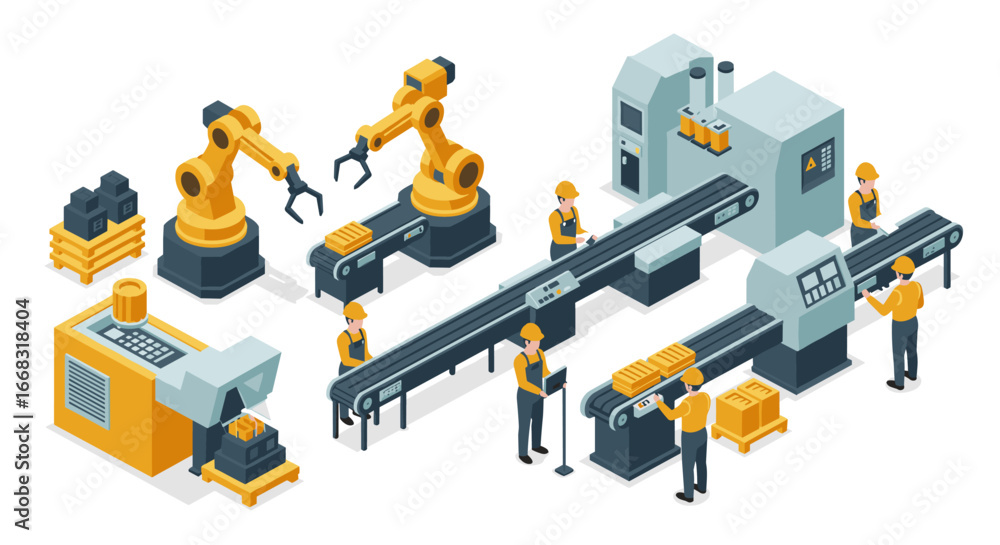 Poster Modern isometric factory automation with robots and conveyor system