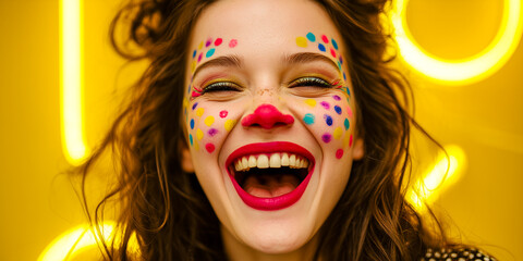laughing girl with clown makeup on yellow neon background