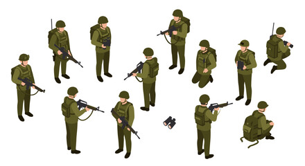 Isometric soldiers in military uniform engaged in various tactical activities