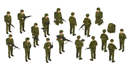 Isometric military soldier set with various poses and equipment on white background