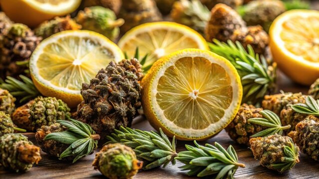 Close-up of cannabis terpene-rich buds with lemon peel and pine cone fragments scattered around - Powered by Adobe