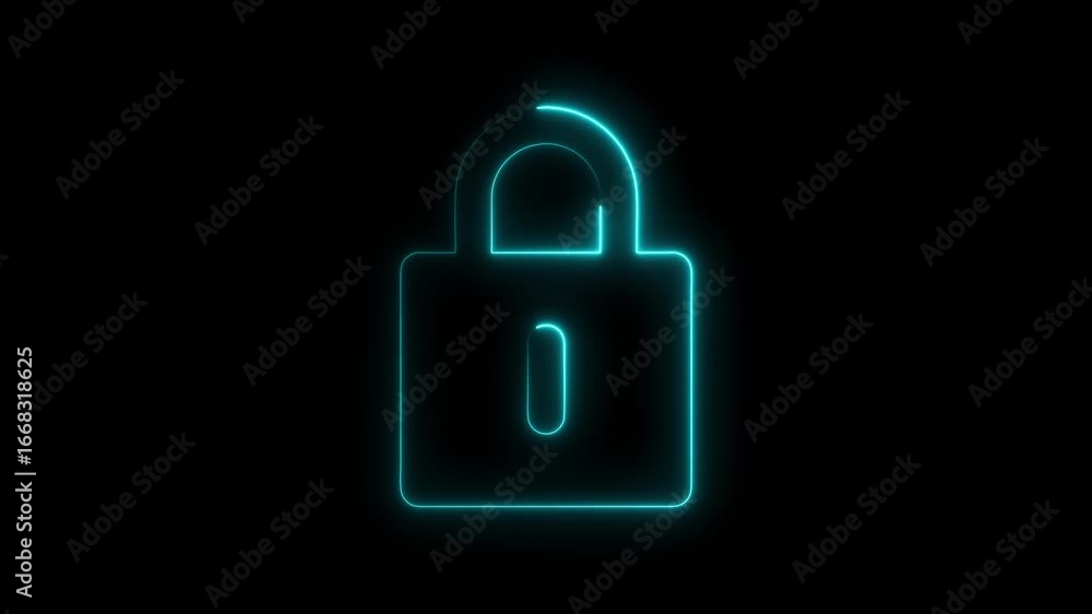 Poster glowing neon padlock symbol with a futuristic animation over black background