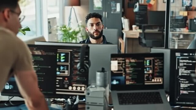 Multiple people working at computers in an office setting.  Focused on several computer screens displaying code and graphical elements