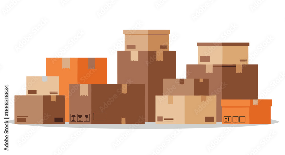 Poster assorted cardboard boxes in flat design for shipping and packaging concepts