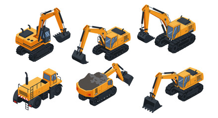 Fototapeta premium Construction equipment set featuring isometric excavators and bulldozer
