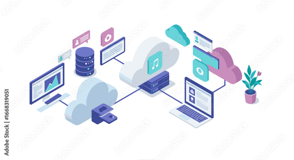 Aufkleber isometric cloud computing concept with computers and data storage connections