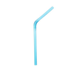 A single light blue plastic drinking straw suspended against a stark on transparent background