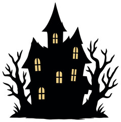 Haunted house silhouette for halloween - eerie mansion design with glowing windows vector